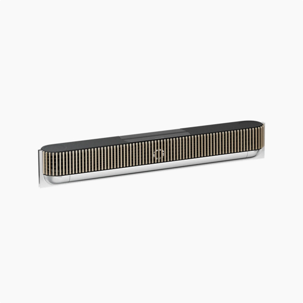 Long, horizontal soundbar-style speaker with metallic gold/bronze slats.
