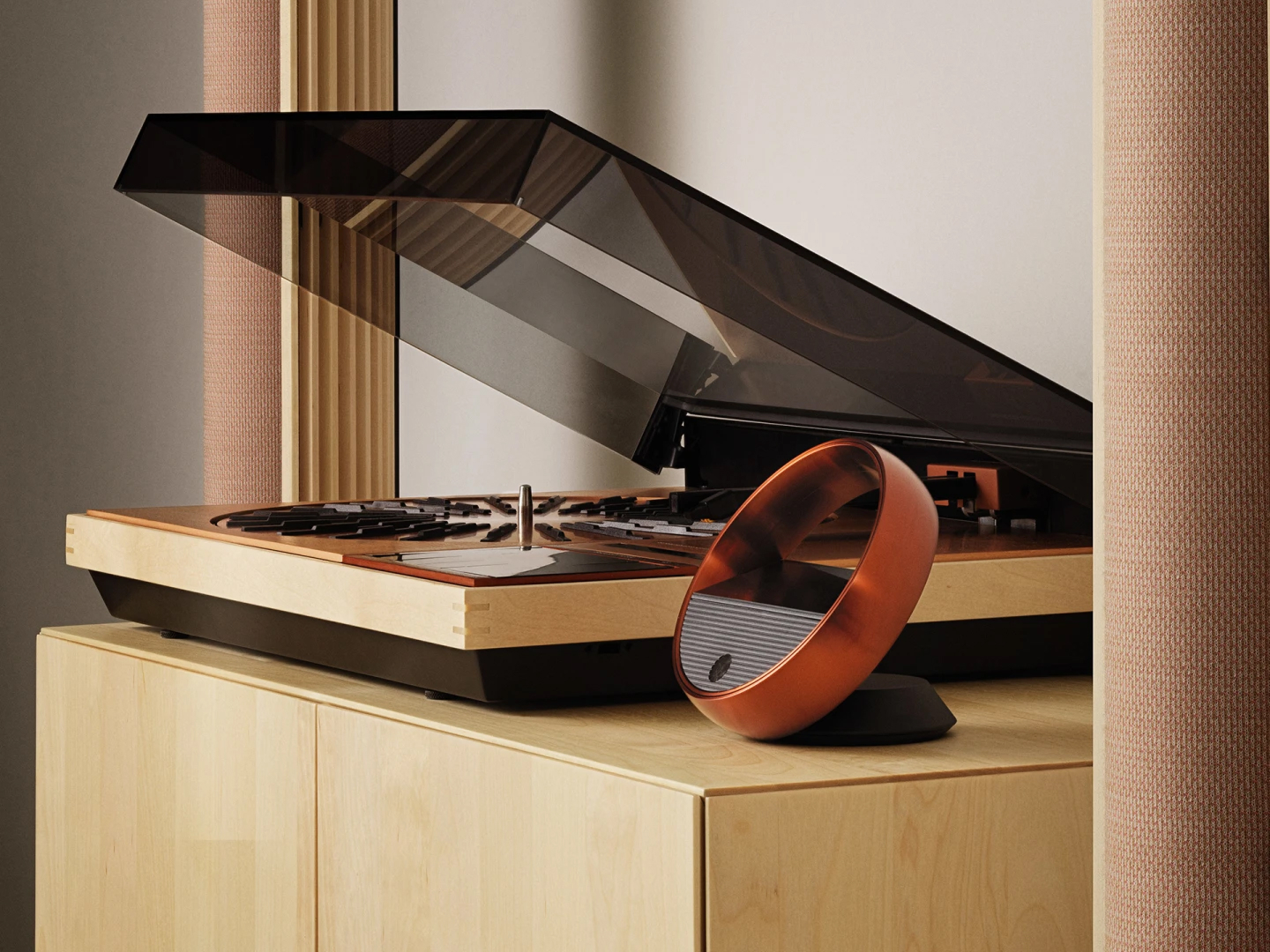 Elegant, retro-inspired record player blending classic design with modern audio technology.